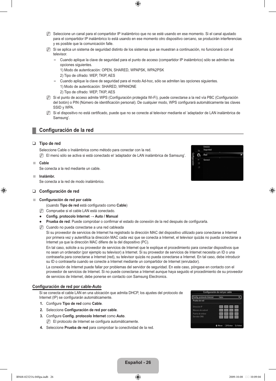 Configuración de la red, Español - 26, Tipo de red | Configuración de red, Configuración de red por cable-auto | Samsung LE40B650T2W User Manual | Page 404 / 674