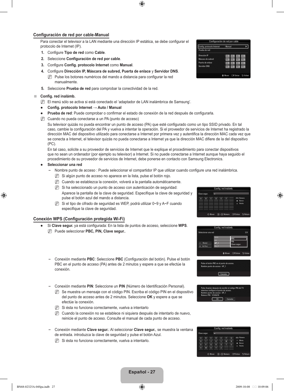 Español - 27 configuración de red por cable-manual, Conexión wps (configuración protegida wi-fi) | Samsung LE40B650T2W User Manual | Page 405 / 674