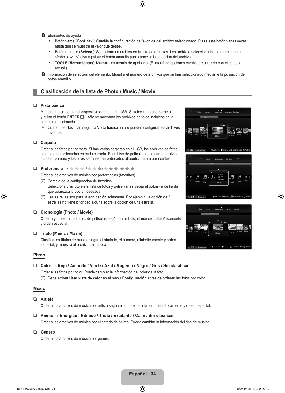 Clasificación de la lista de photo / music / movie, Español - 34, Vista básica | Carpeta, Preferencia → fff / ff f / f ff / fff, Cronología (photo / movie), Título (music / movie), Music artista, Género | Samsung LE40B650T2W User Manual | Page 412 / 674