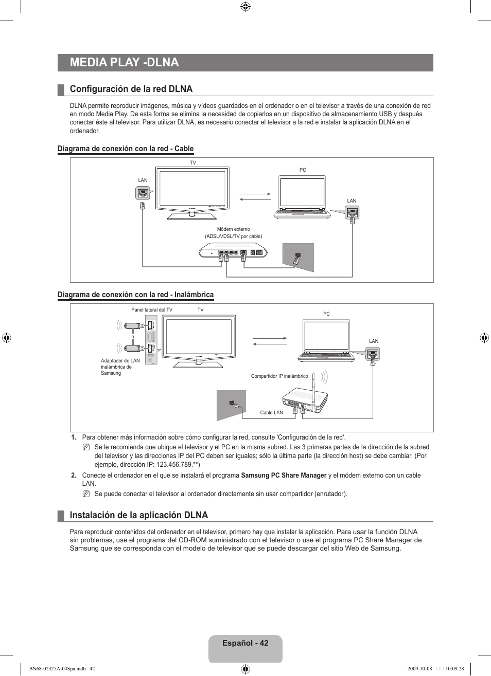 Media play -dlna, Configuración de la red dlna, Instalación de la aplicación dlna | Samsung LE40B650T2W User Manual | Page 420 / 674