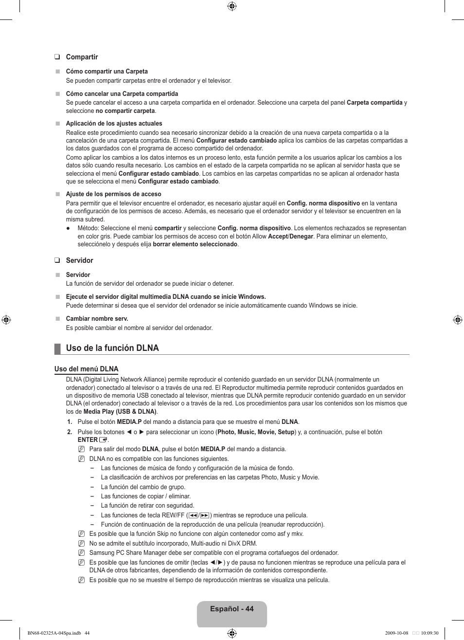 Uso de la función dlna | Samsung LE40B650T2W User Manual | Page 422 / 674