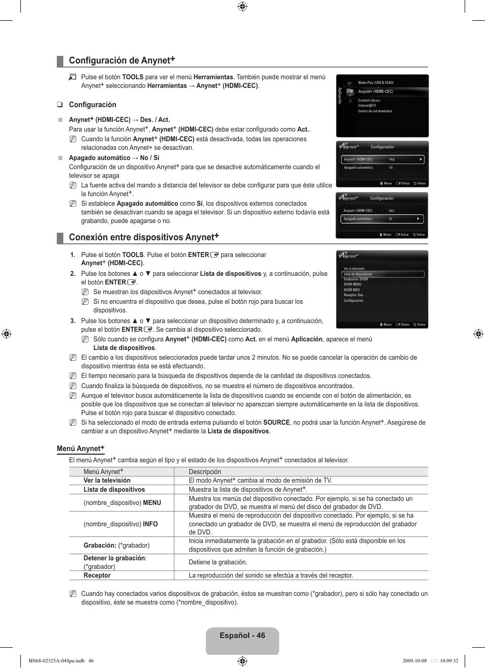 Configuración de anynet, Conexión entre dispositivos anynet | Samsung LE40B650T2W User Manual | Page 424 / 674