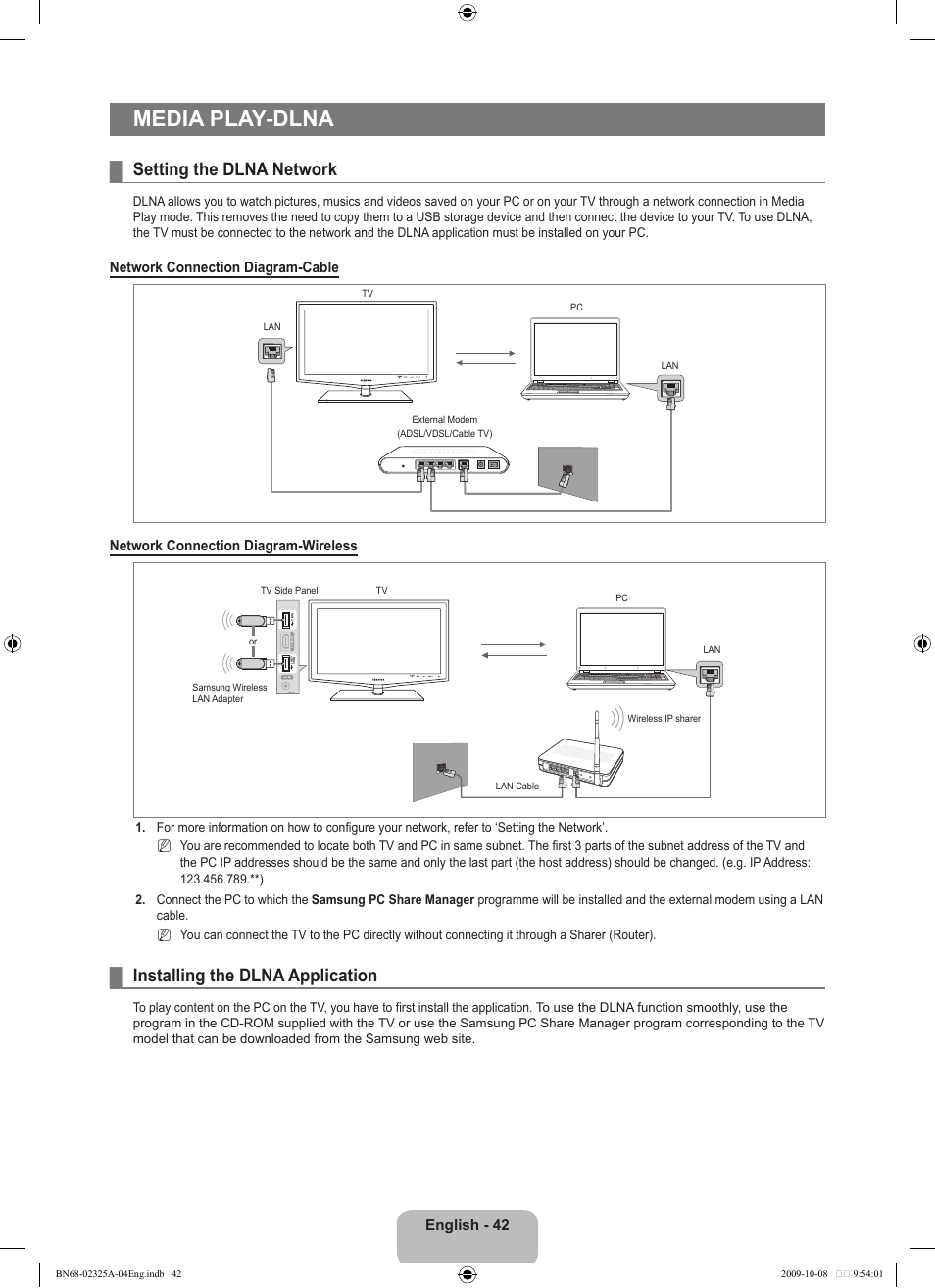 Media play -dlna, Setting the dlna network, Installing the dlna application | Media play-dlna | Samsung LE40B650T2W User Manual | Page 44 / 674