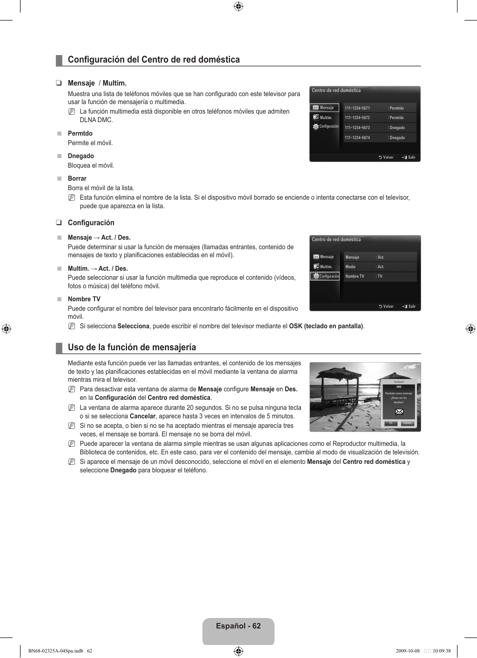 Configuración del centro de red doméstica, Uso de la función de mensajería, Español - 62 | Mensaje / multim, Configuración | Samsung LE40B650T2W User Manual | Page 440 / 674