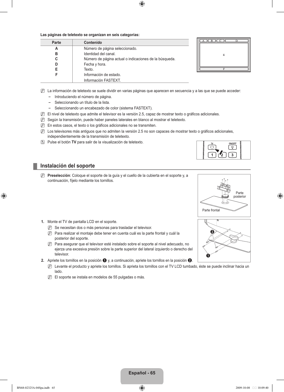 Instalación del soporte | Samsung LE40B650T2W User Manual | Page 443 / 674