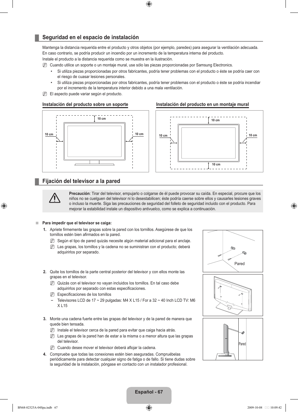 Seguridad en el espacio de instalación, Fijación del televisor a la pared | Samsung LE40B650T2W User Manual | Page 445 / 674
