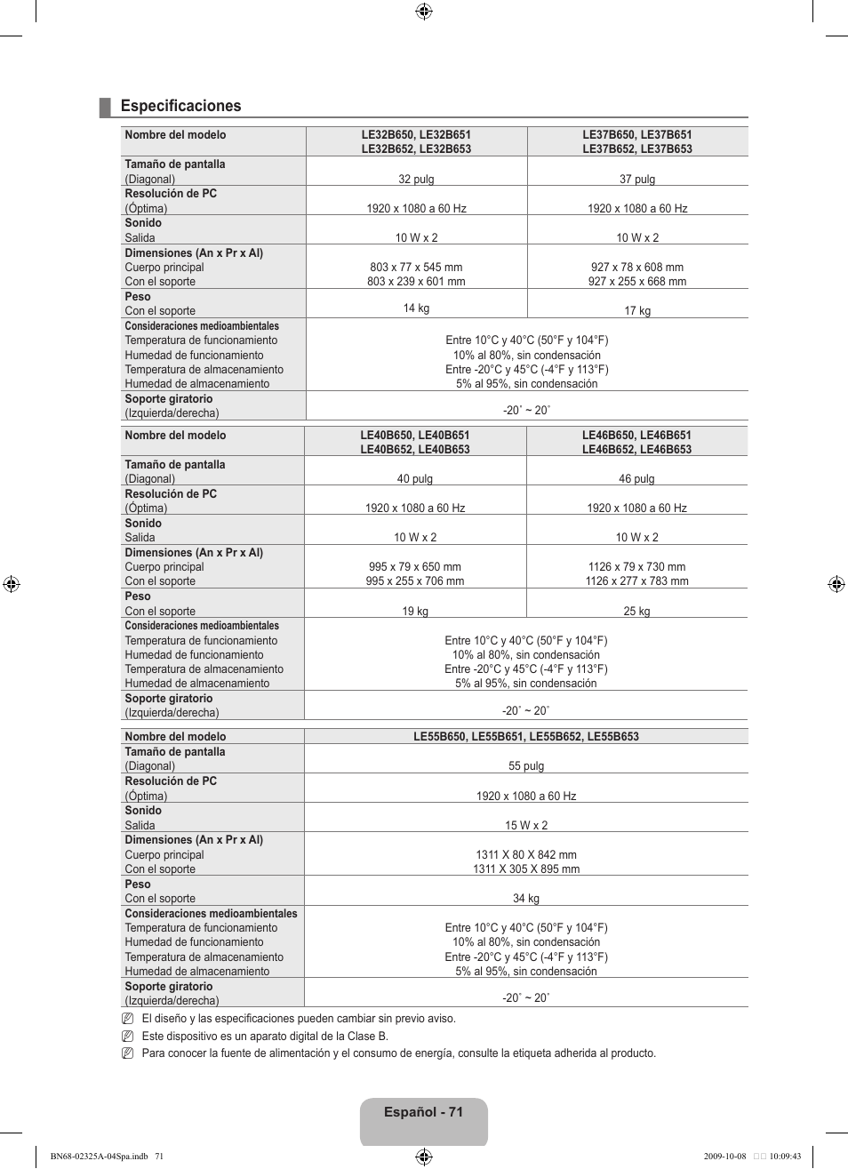 Especificaciones | Samsung LE40B650T2W User Manual | Page 449 / 674