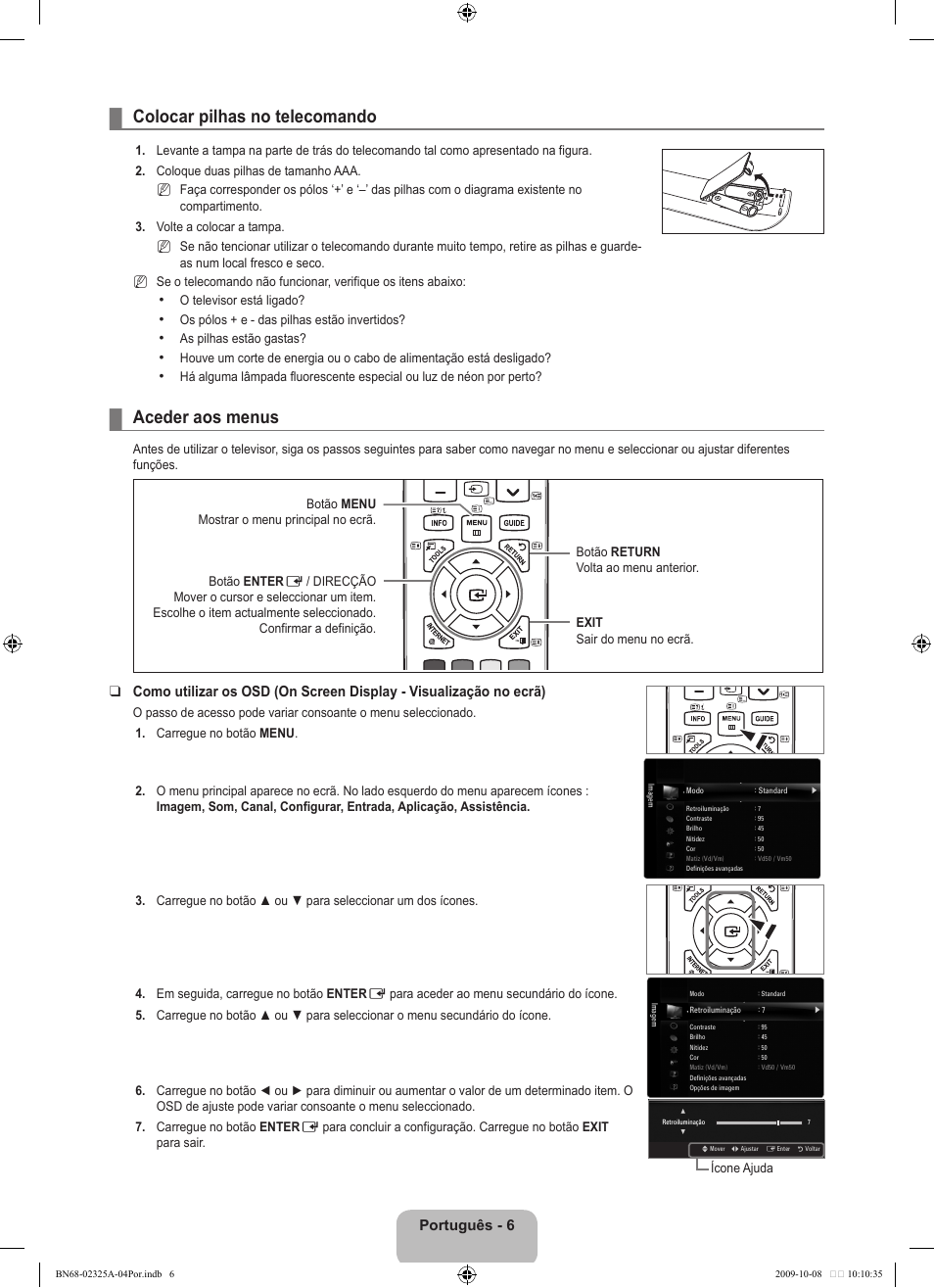 Operação, Colocar pilhas no telecomando, Aceder aos menus | Português - 6 | Samsung LE40B650T2W User Manual | Page 456 / 674