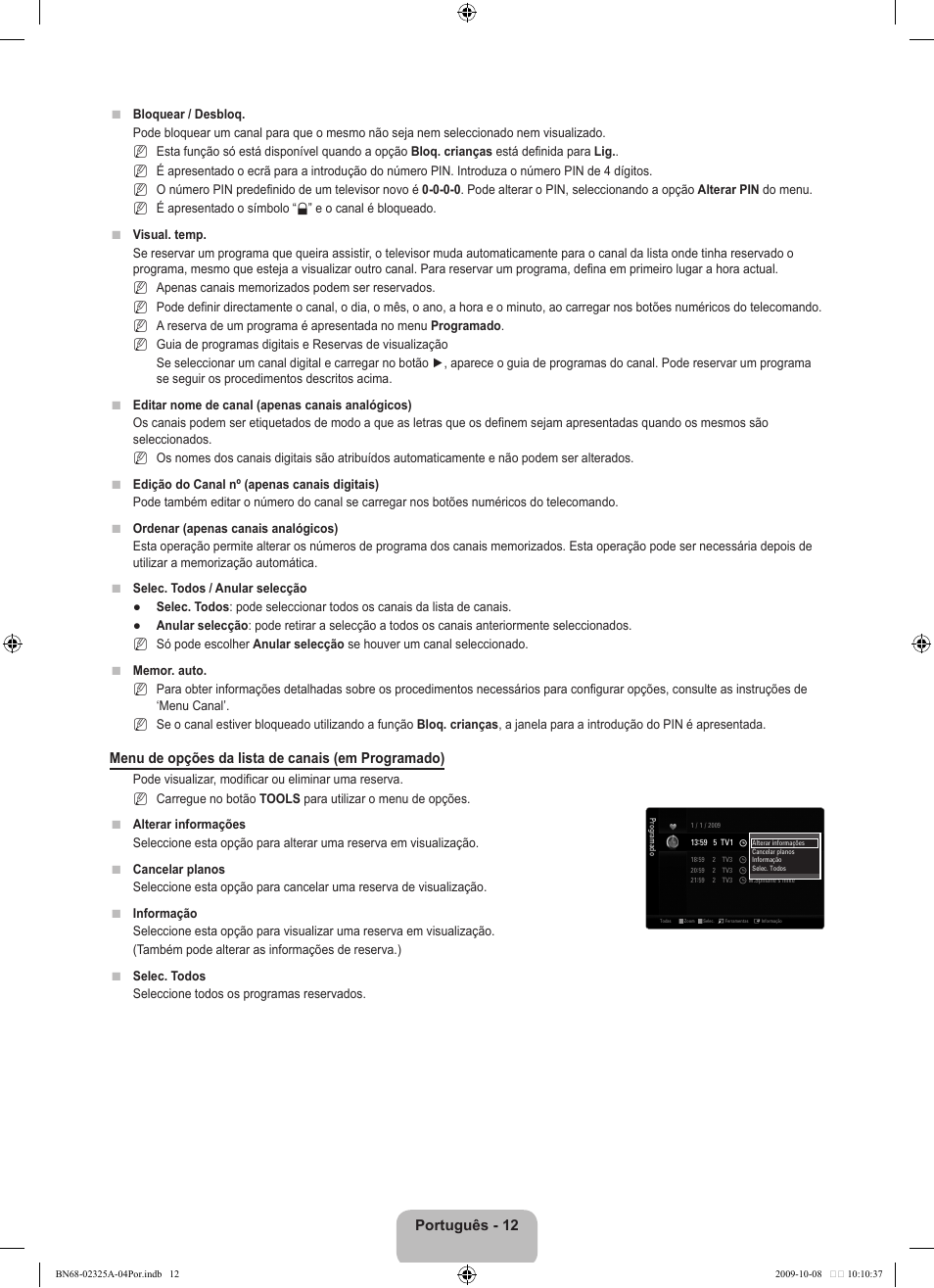 Português - 12, Menu de opções da lista de canais (em programado) | Samsung LE40B650T2W User Manual | Page 462 / 674