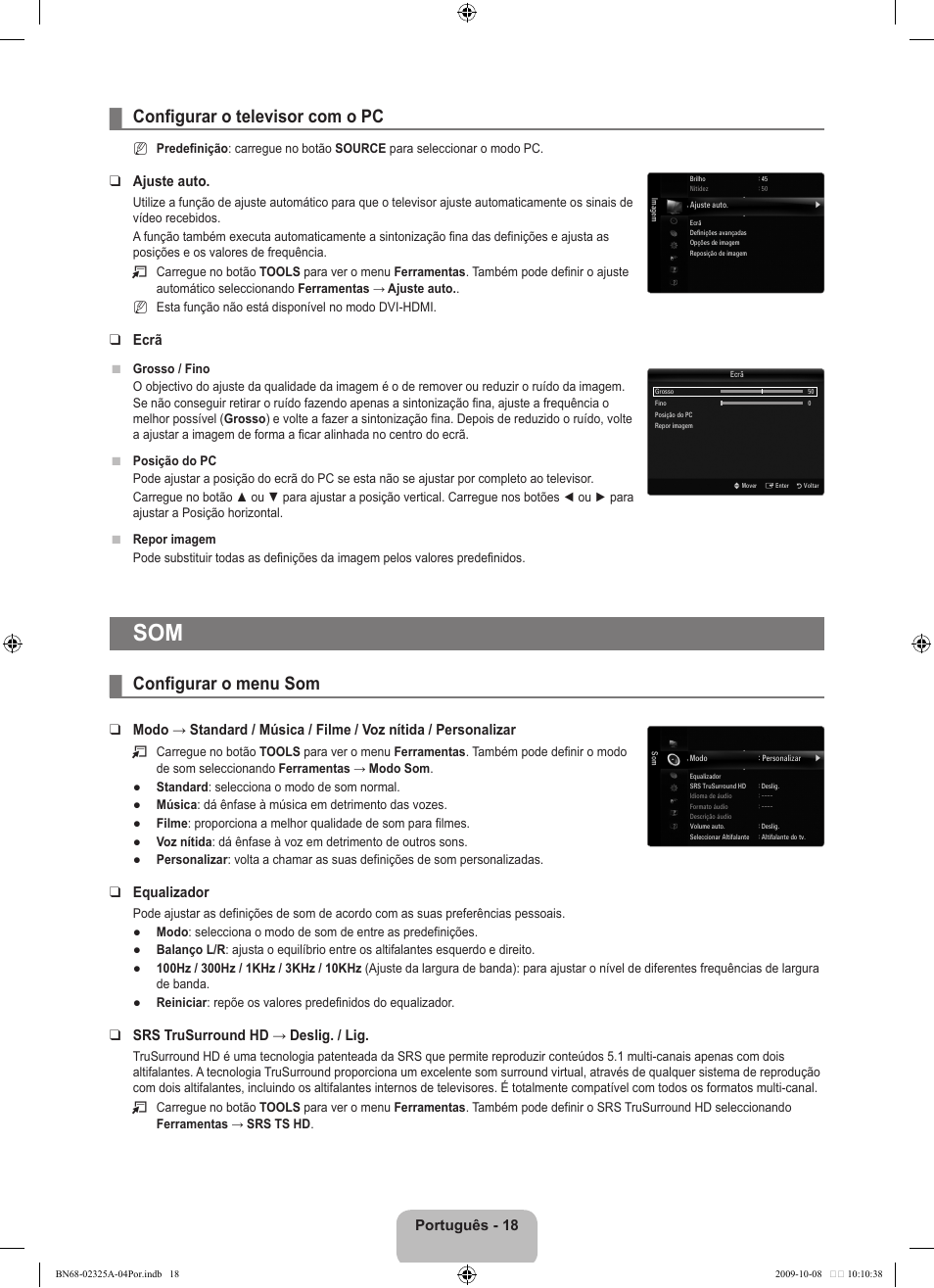 Configurar o televisor com o pc, Configurar o menu som, Português - 18 | Ajuste auto, Ecrã, Equalizador, Srs trusurround hd → deslig. / lig | Samsung LE40B650T2W User Manual | Page 468 / 674