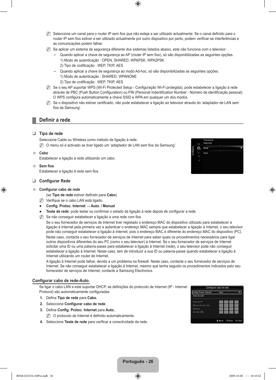 Definir a rede, Português - 26, Tipo de rede | Configurar rede, Configurar cabo de rede-auto | Samsung LE40B650T2W User Manual | Page 476 / 674