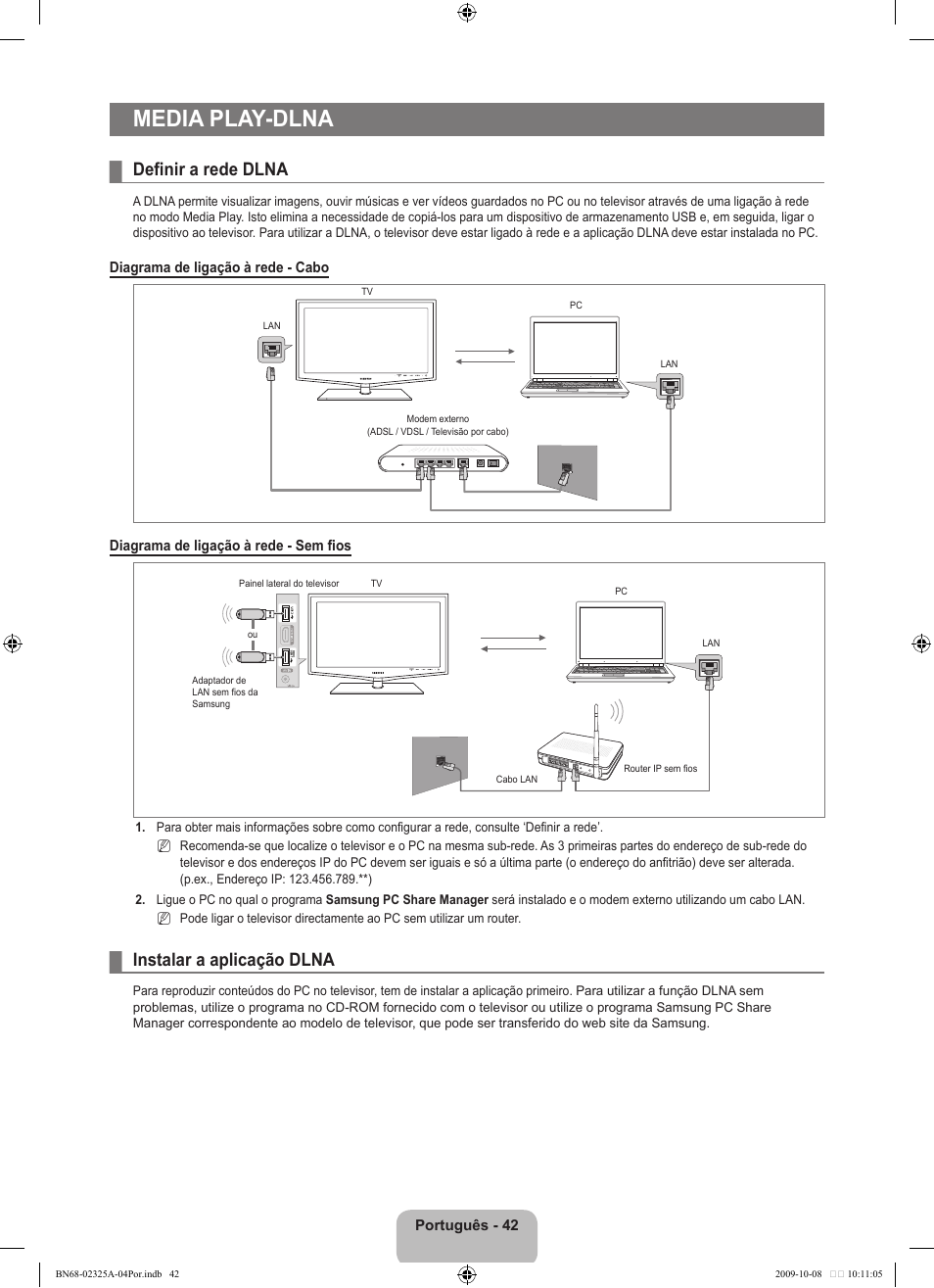 Media play-dlna, Definir a rede dlna, Instalar a aplicação dlna | Samsung LE40B650T2W User Manual | Page 492 / 674