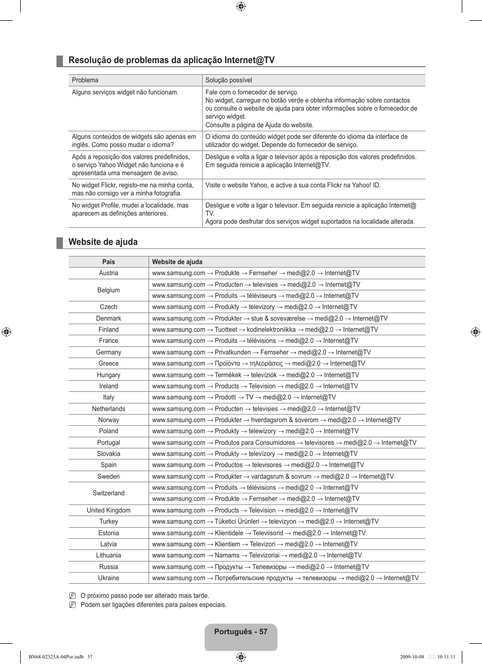 Resolução de problemas da aplicação internet@tv, Website de ajuda | Samsung LE40B650T2W User Manual | Page 507 / 674