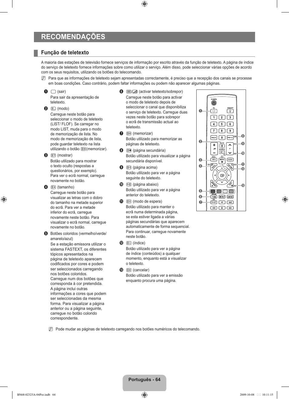 Recomendações, Função de teletexto | Samsung LE40B650T2W User Manual | Page 514 / 674