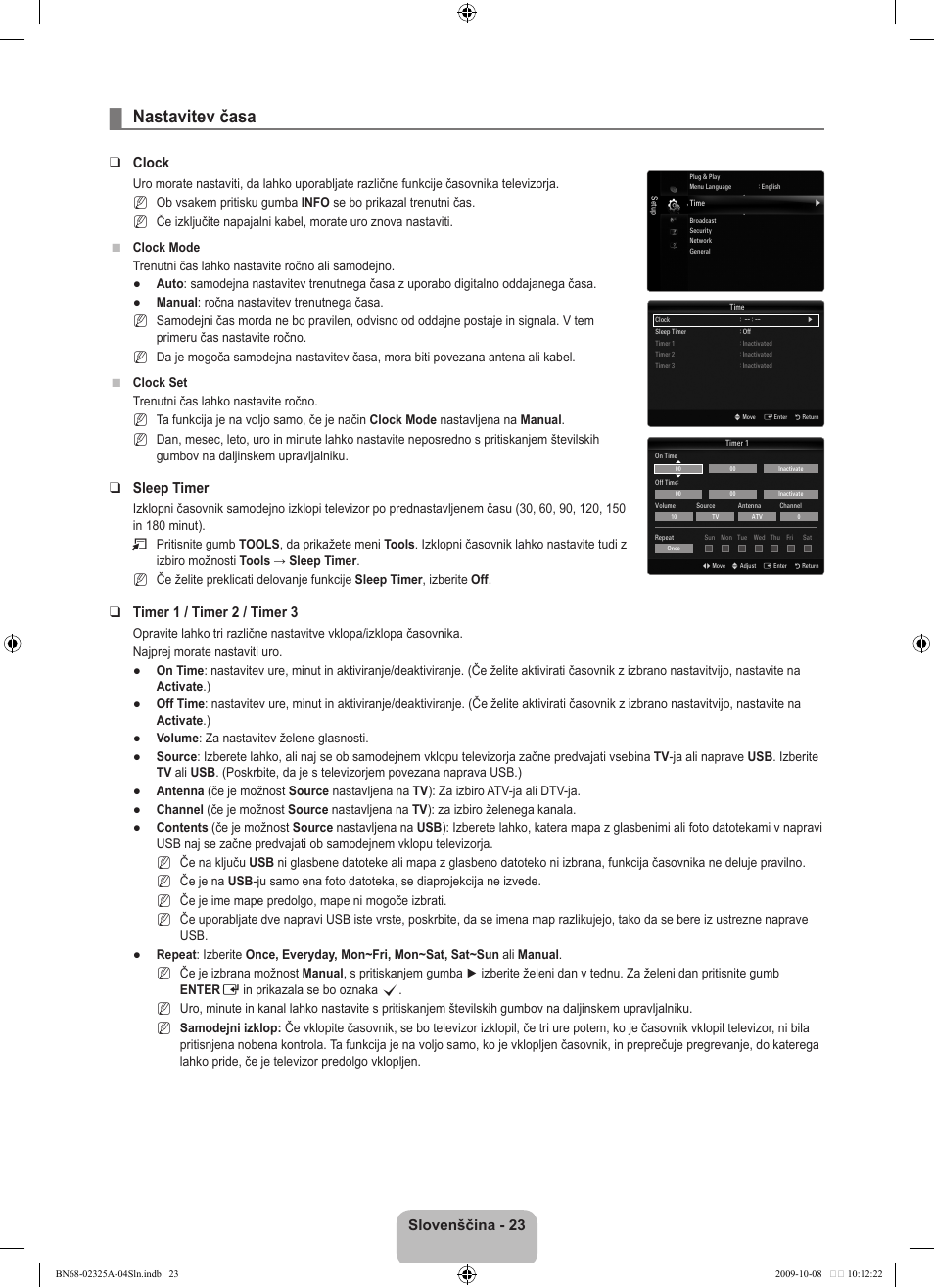 Nastavitev časa, Slovenščina, Clock | Sleep timer, Timer 1 / timer 2 / timer 3 | Samsung LE40B650T2W User Manual | Page 545 / 674