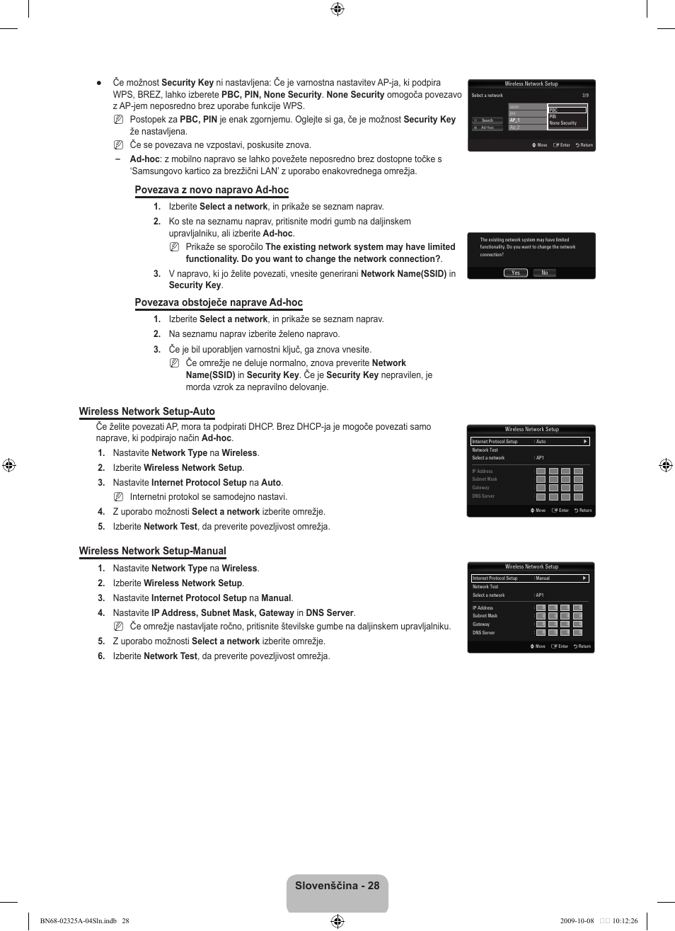 Slovenščina, Povezava z novo napravo ad-hoc, Povezava obstoječe naprave ad-hoc | Wireless network setup-auto, Wireless network setup-manual | Samsung LE40B650T2W User Manual | Page 550 / 674