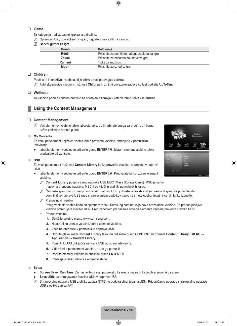 Using the content management, Slovenščina - 0 game, Children | Wellness, Content management | Samsung LE40B650T2W User Manual | Page 572 / 674