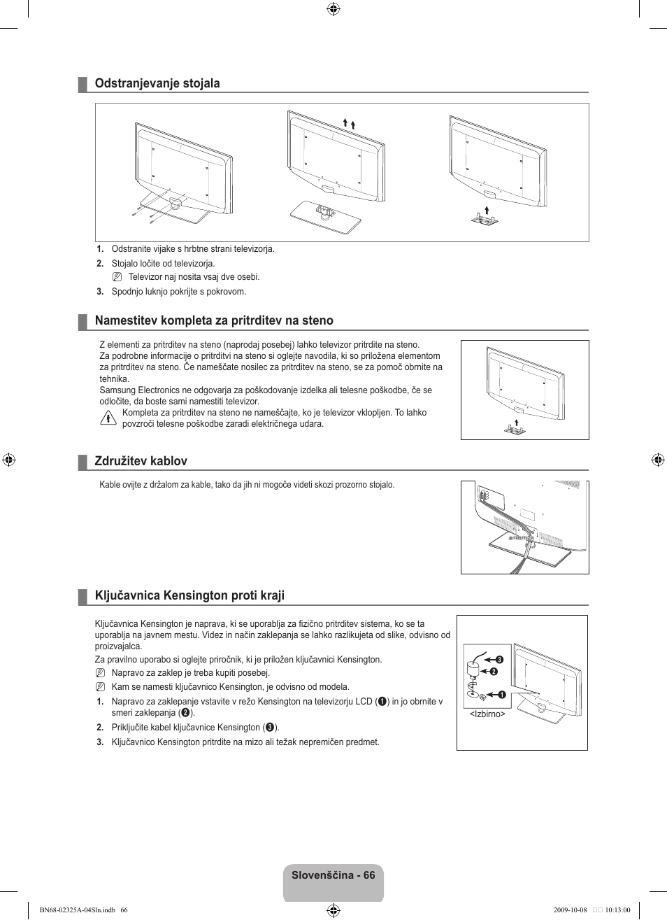 Odstranjevanje stojala, Namestitev kompleta za pritrditev na steno, Združitev kablov | Ključavnica kensington proti kraji | Samsung LE40B650T2W User Manual | Page 588 / 674