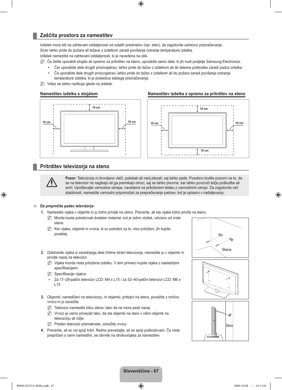 Zaščita prostora za namestitev, Pritrditev televizorja na steno | Samsung LE40B650T2W User Manual | Page 589 / 674