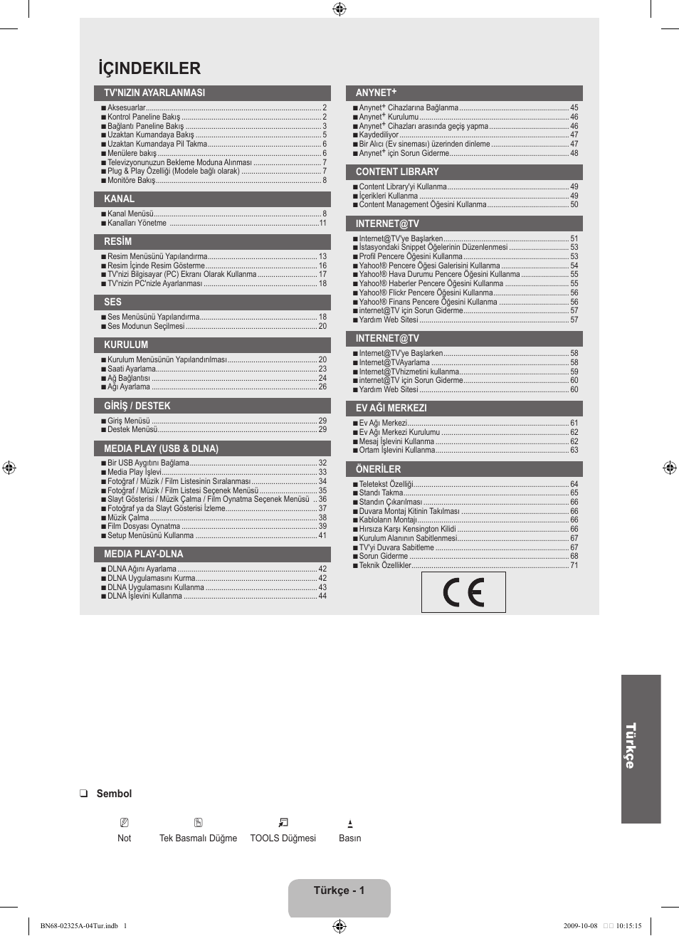 Içındekıler, Tür kçe | Samsung LE40B650T2W User Manual | Page 595 / 674