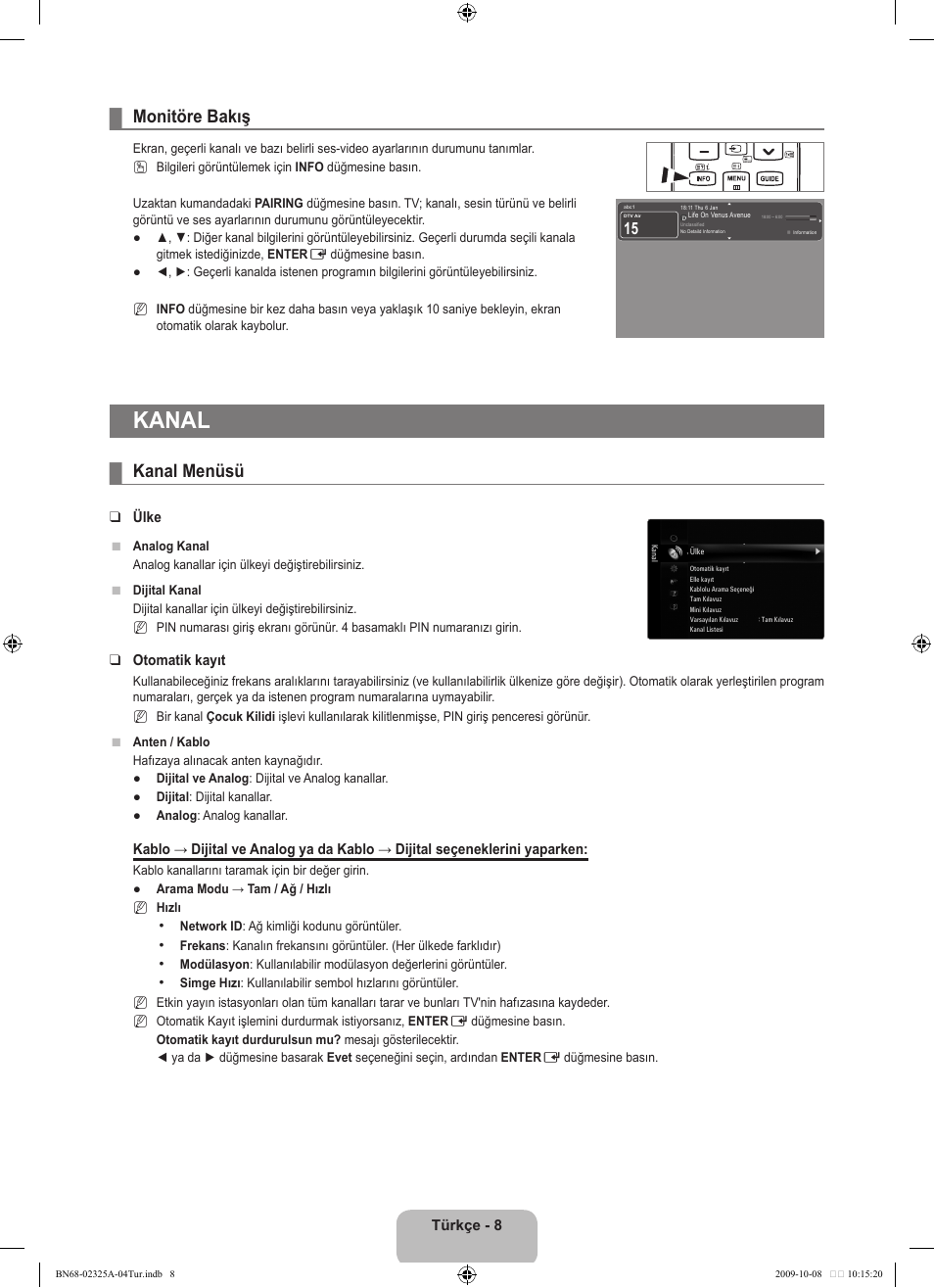 Kanal, Monitöre bakış, Kanal menüsü | Samsung LE40B650T2W User Manual | Page 602 / 674