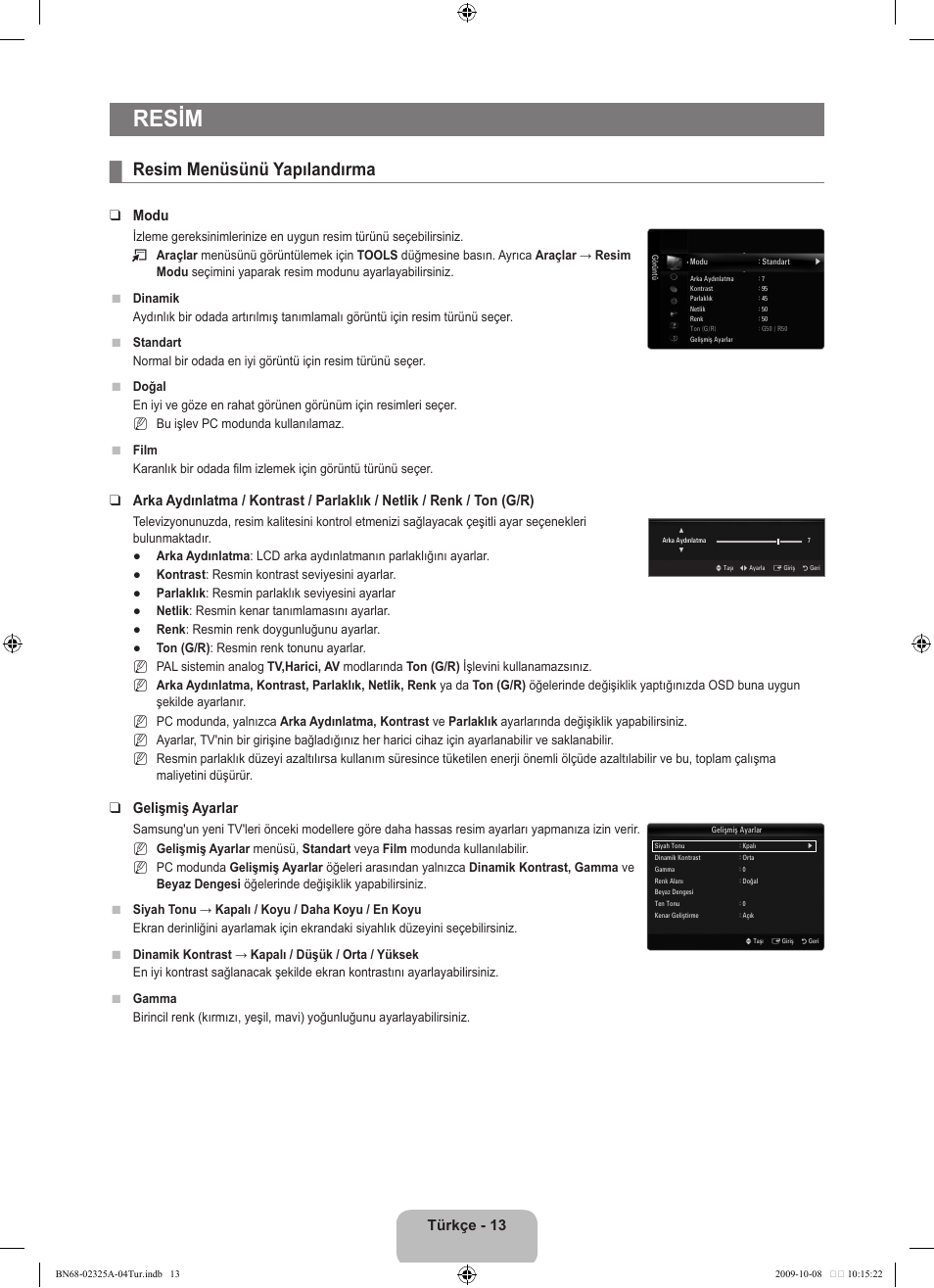 Resim, Resim menüsünü yapılandırma, Türkçe - 13 | Modu, Gelişmiş ayarlar | Samsung LE40B650T2W User Manual | Page 607 / 674
