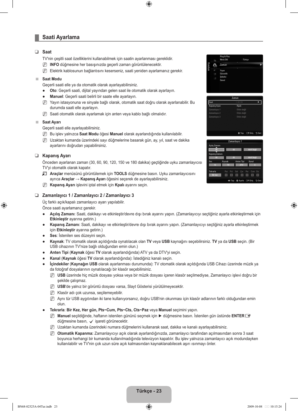 Saati ayarlama, Türkçe - 23, Saat | Kapanış ayarı, Zamanlayıcı 1 / zamanlayıcı 2 / zamanlayıcı 3 | Samsung LE40B650T2W User Manual | Page 617 / 674