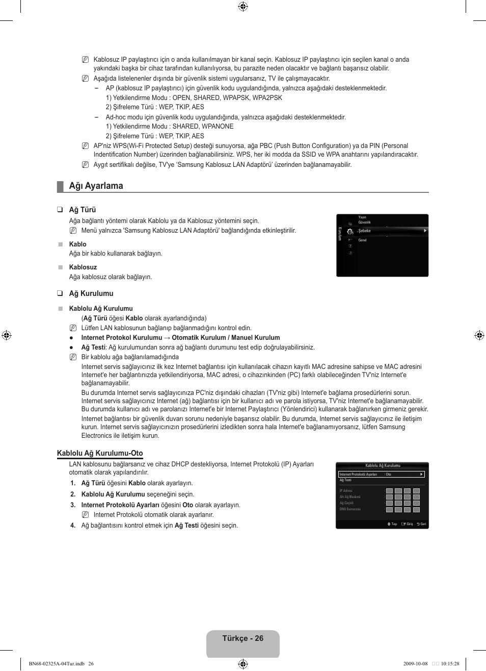 Ağı ayarlama, Türkçe - 26, Ağ türü | Ağ kurulumu, Kablolu ağ kurulumu-oto | Samsung LE40B650T2W User Manual | Page 620 / 674