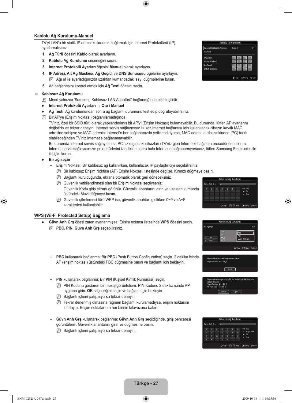 Türkçe - 27 kablolu ağ kurulumu-manuel, Wps (wi-fi protected setup) bağlama | Samsung LE40B650T2W User Manual | Page 621 / 674