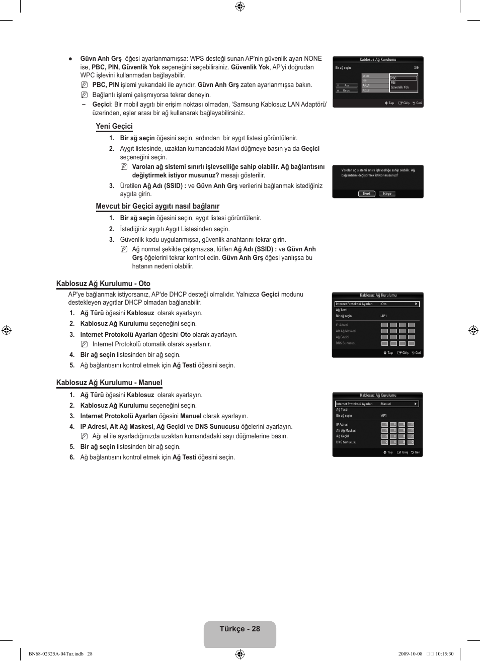 Türkçe - 28, Yeni geçici, Mevcut bir geçici aygıtı nasıl bağlanır | Kablosuz ağ kurulumu - oto, Kablosuz ağ kurulumu - manuel | Samsung LE40B650T2W User Manual | Page 622 / 674