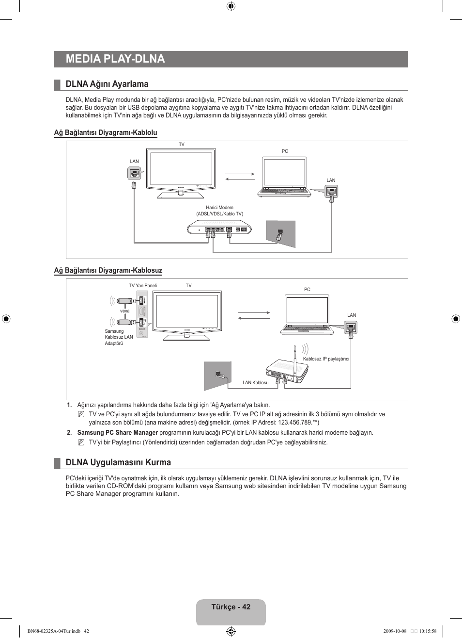 Media play-dlna, Dlna ağını ayarlama, Dlna uygulamasını kurma | Samsung LE40B650T2W User Manual | Page 636 / 674