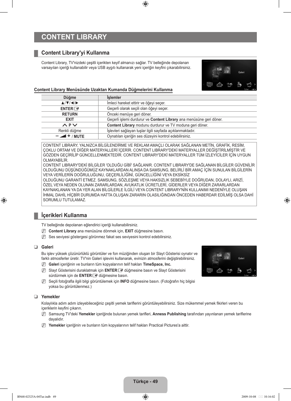 Content library, Content library'yi kullanma, Içerikleri kullanma | Samsung LE40B650T2W User Manual | Page 643 / 674