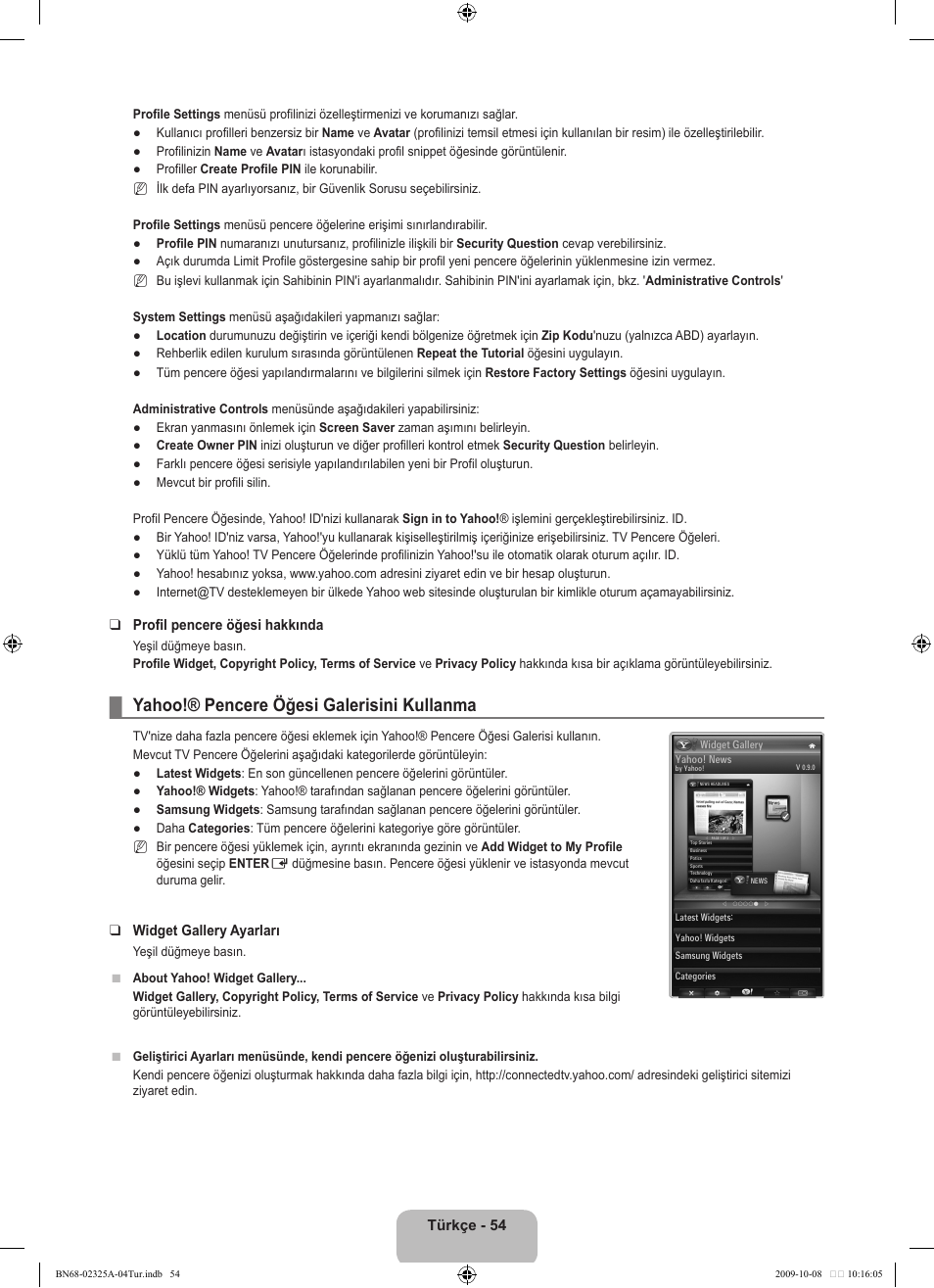 Yahoo!® pencere öğesi galerisini kullanma | Samsung LE40B650T2W User Manual | Page 648 / 674