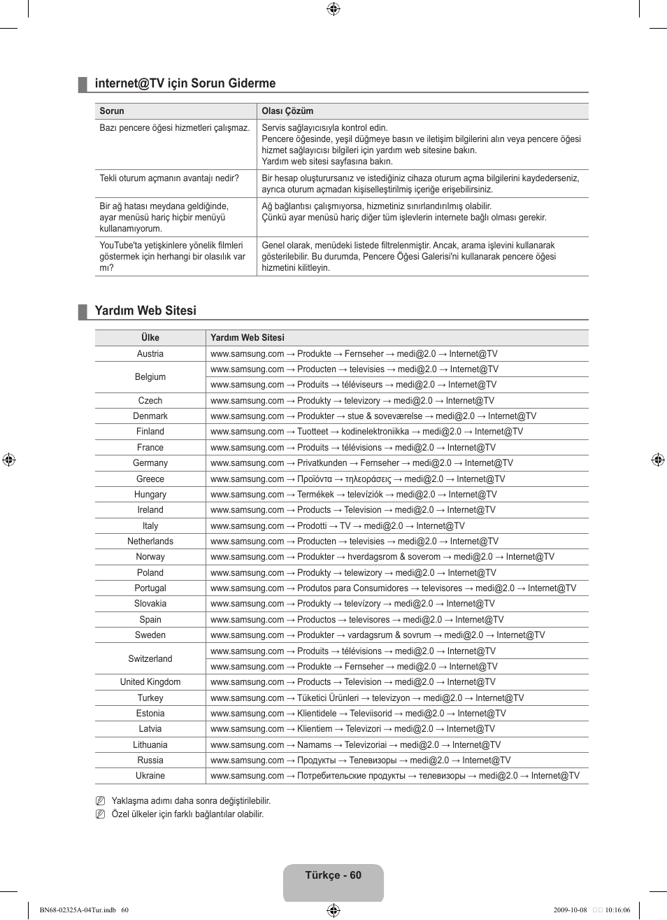 Internet@tv için sorun giderme, Yardım web sitesi | Samsung LE40B650T2W User Manual | Page 654 / 674