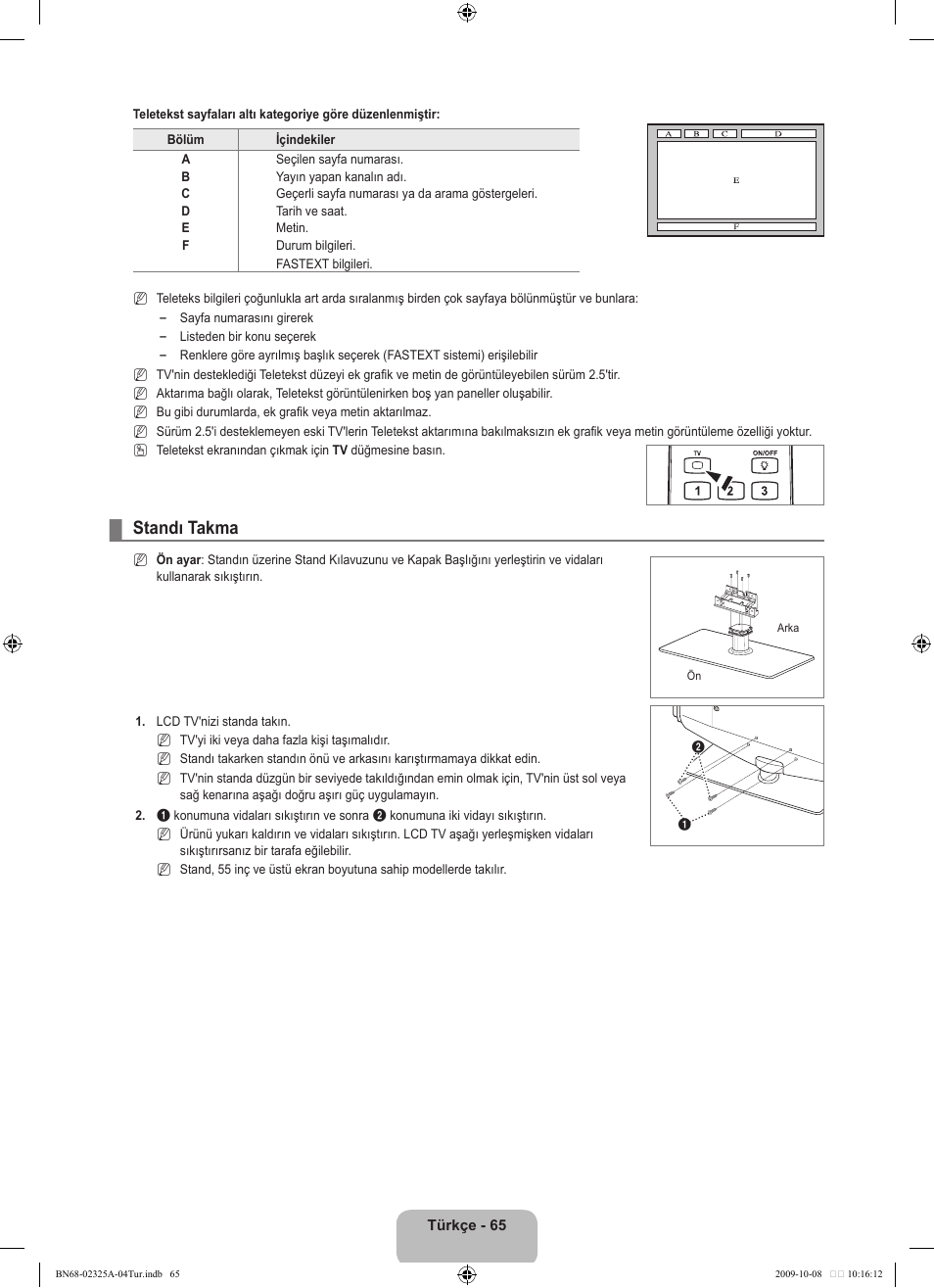 Standı takma | Samsung LE40B650T2W User Manual | Page 659 / 674