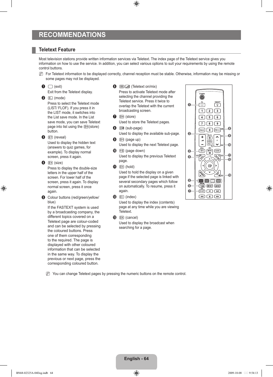 Recommendations, Teletext feature | Samsung LE40B650T2W User Manual | Page 66 / 674