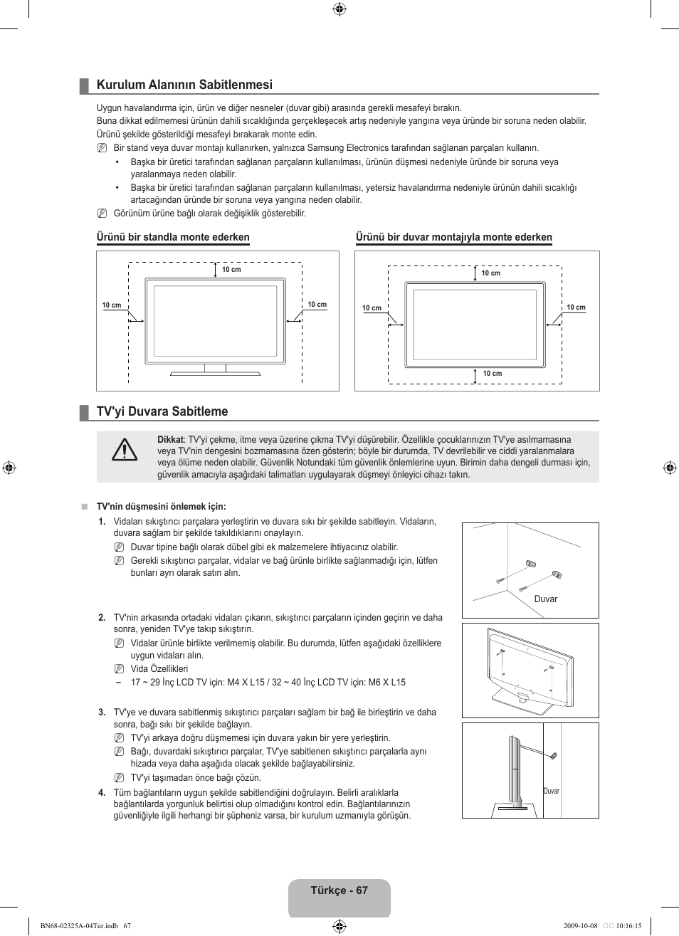 Kurulum alanının sabitlenmesi, Tv'yi duvara sabitleme | Samsung LE40B650T2W User Manual | Page 661 / 674