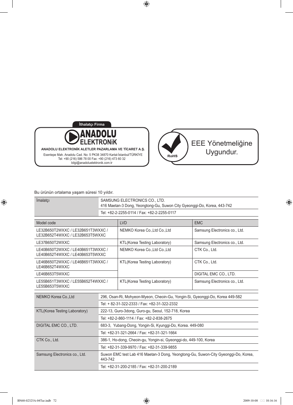 Anadolu, Eee yönetmeliğine uygundur, Elektronik | Samsung LE40B650T2W User Manual | Page 666 / 674