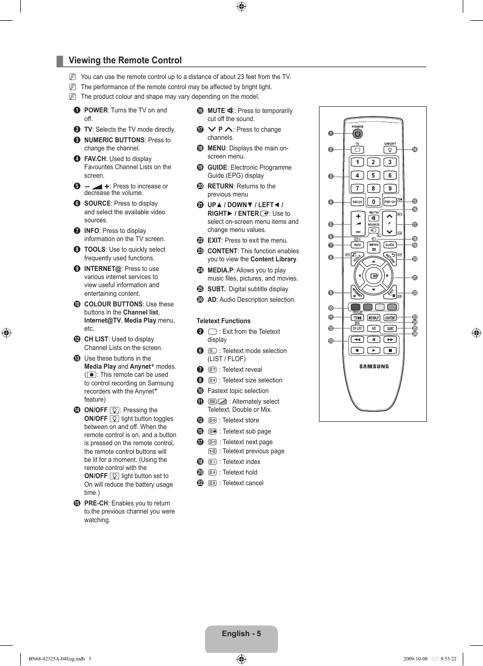 Viewing the remote control | Samsung LE40B650T2W User Manual | Page 7 / 674