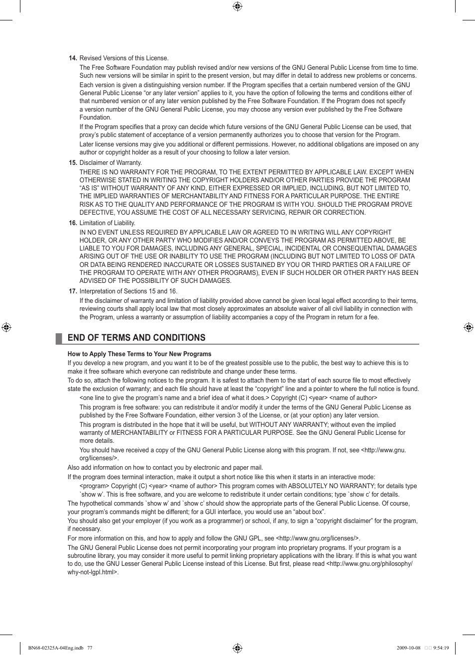 End of terms and conditions | Samsung LE40B650T2W User Manual | Page 79 / 674