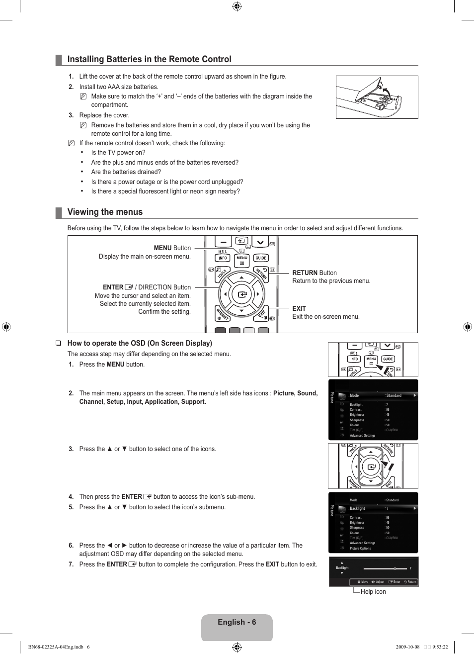 Installing batteries in the remote control, Viewing the menus, Operation | English - 6, How to operate the osd (on screen display) | Samsung LE40B650T2W User Manual | Page 8 / 674