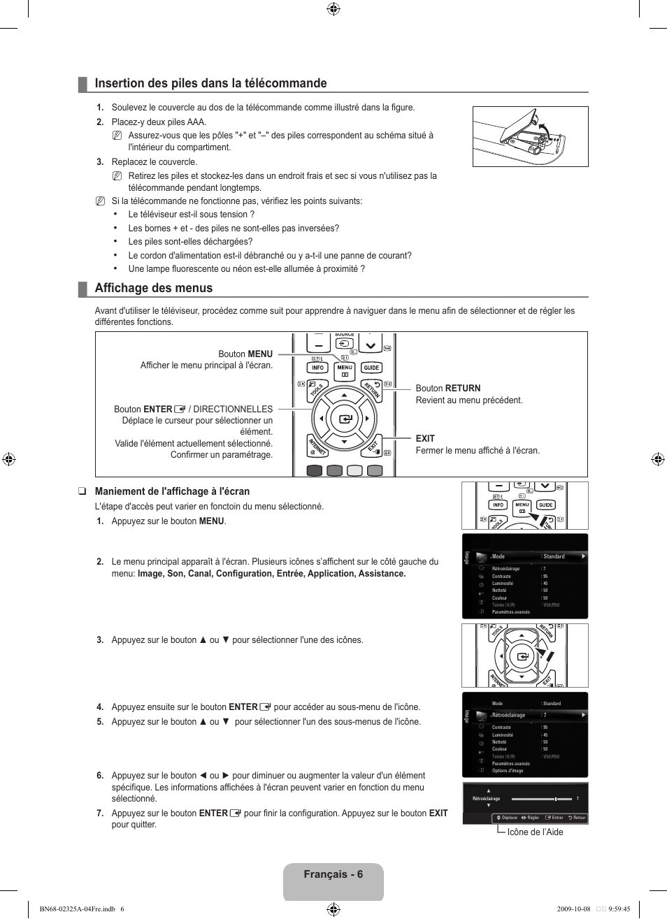 Operation, Insertion des piles dans la télécommande, Affichage des menus | Français - 6, Maniement de l'affichage à l'écran | Samsung LE40B650T2W User Manual | Page 94 / 674