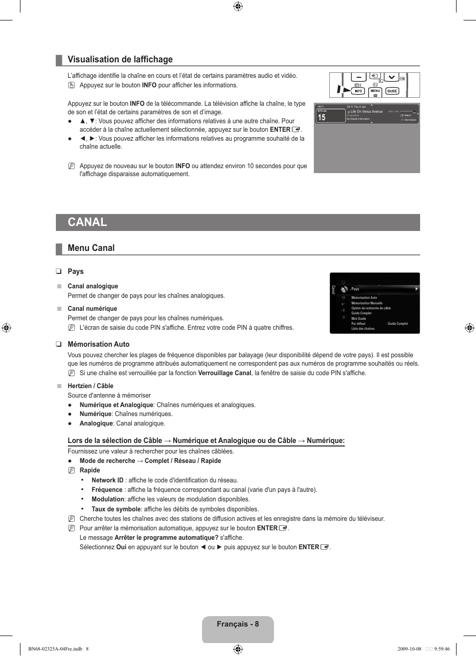 Canal, Visualisation de laffichage, Menu canal | Samsung LE40B650T2W User Manual | Page 96 / 674