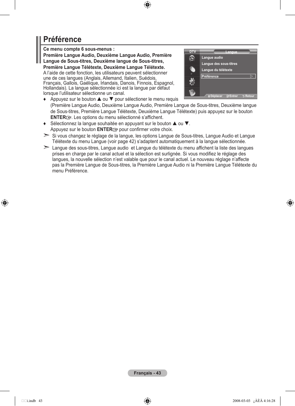 Préférence | Samsung LE26A457C1D User Manual | Page 105 / 482