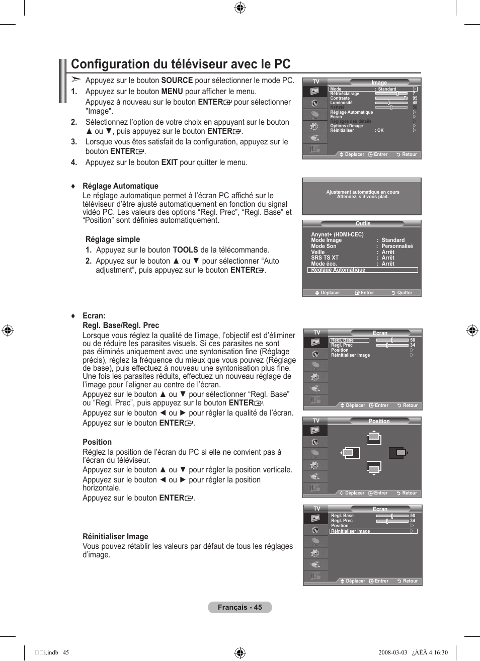 Configuration du téléviseur avec le pc | Samsung LE26A457C1D User Manual | Page 107 / 482