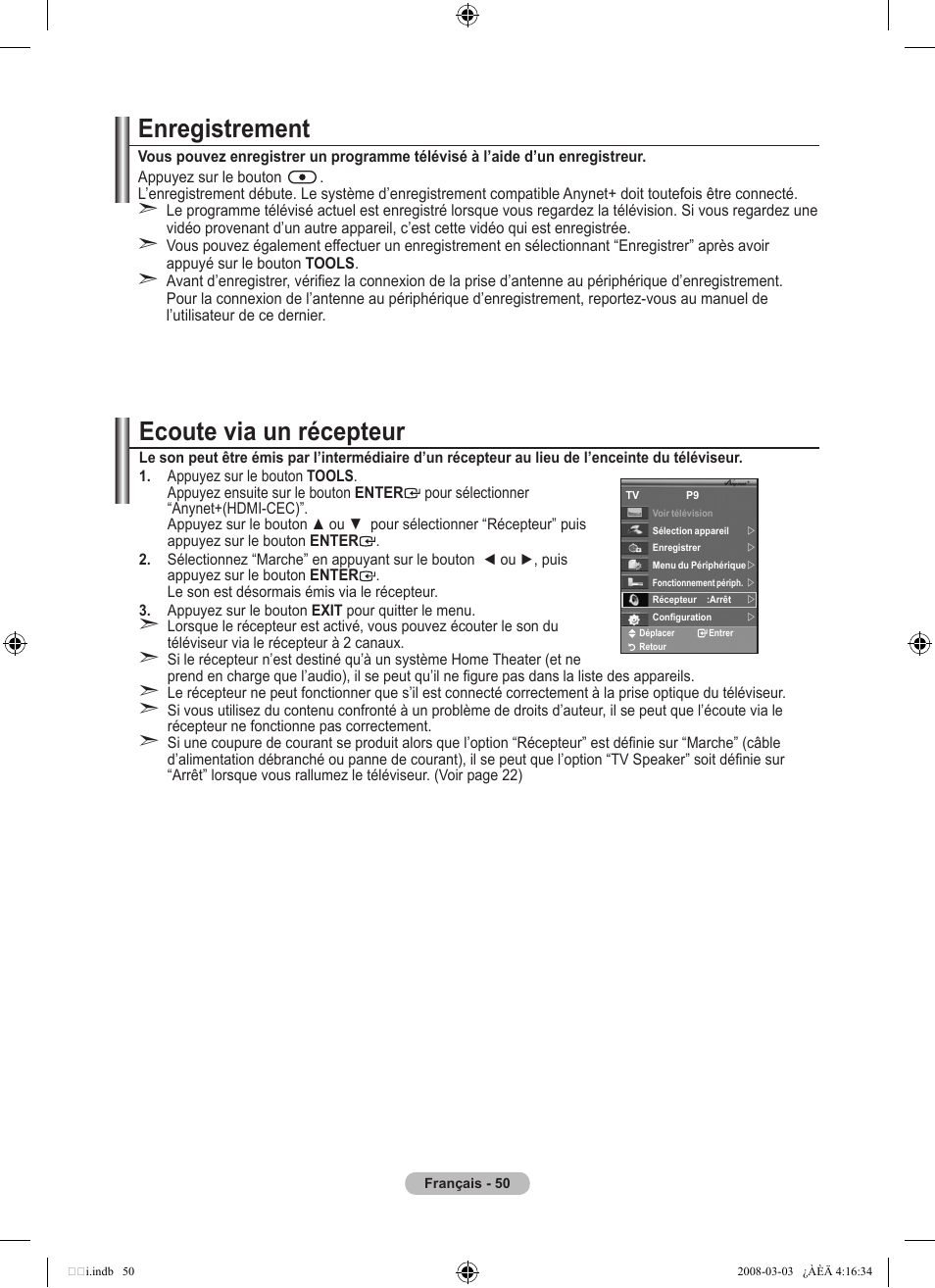 Enregistrement, Ecoute via un récepteur | Samsung LE26A457C1D User Manual | Page 112 / 482