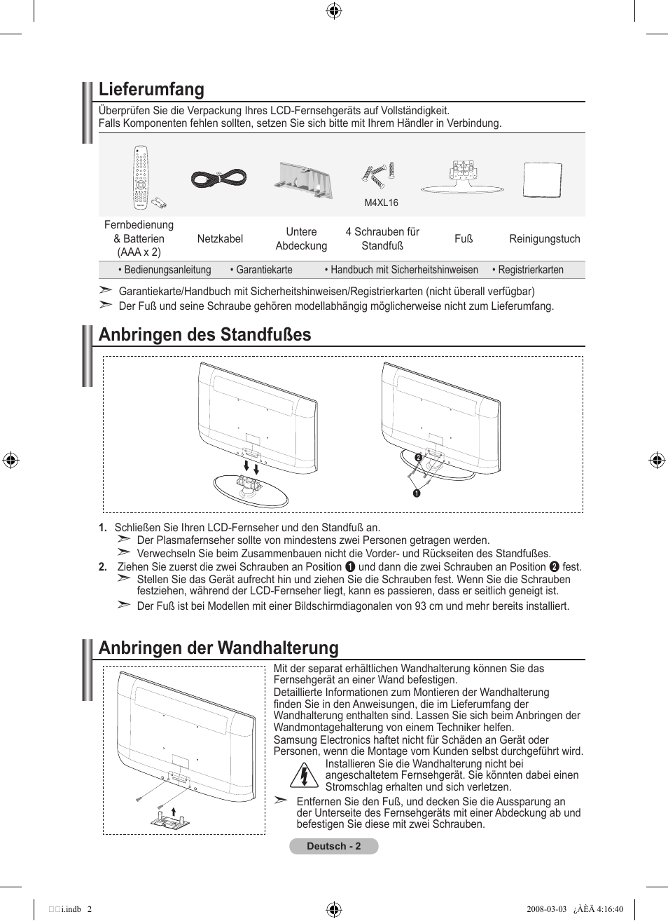 Lieferumfang, Anbringen des standfußes, Anbringen der wandhalterung | Samsung LE26A457C1D User Manual | Page 124 / 482