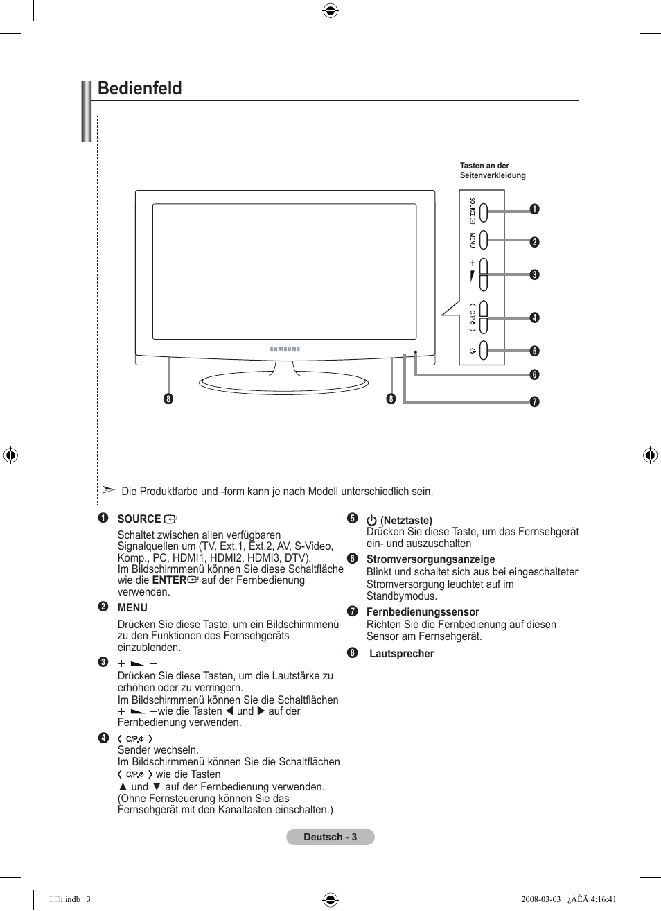 Bedienfeld | Samsung LE26A457C1D User Manual | Page 125 / 482