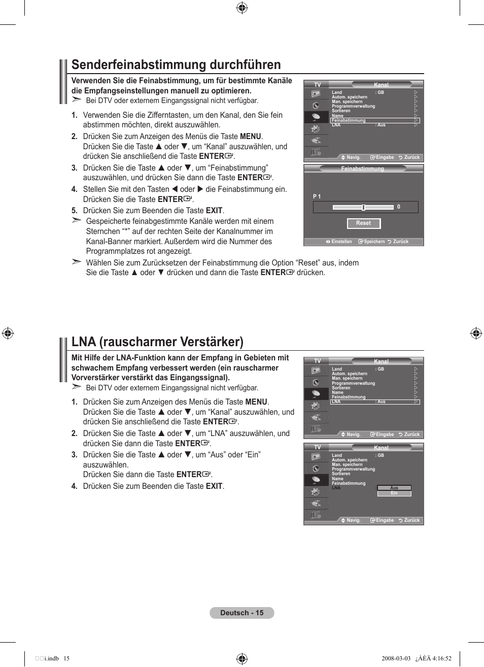 Senderfeinabstimmung durchführen, Lna (rauscharmer verstärker) | Samsung LE26A457C1D User Manual | Page 137 / 482