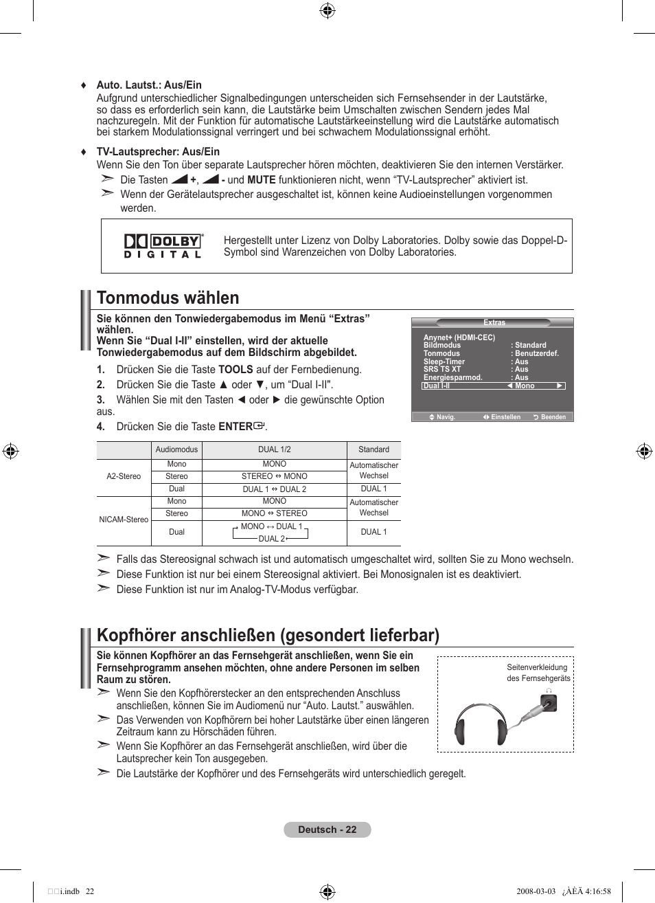 Tonmodus wählen, Kopfhörer anschließen (gesondert lieferbar) | Samsung LE26A457C1D User Manual | Page 144 / 482